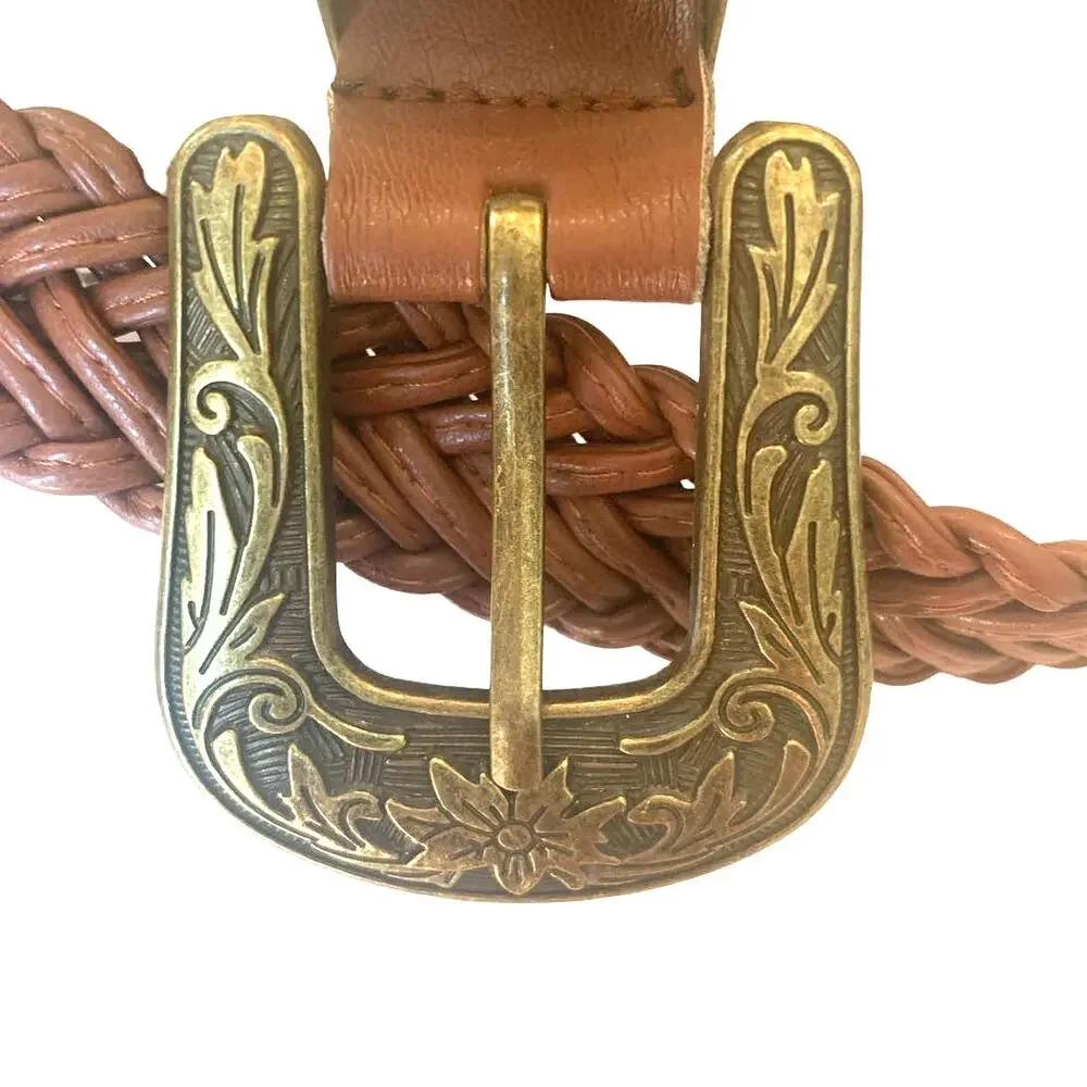 Womens Braided Faux Leather Belt Brown Western Brass Buckle Cowgirl Chic